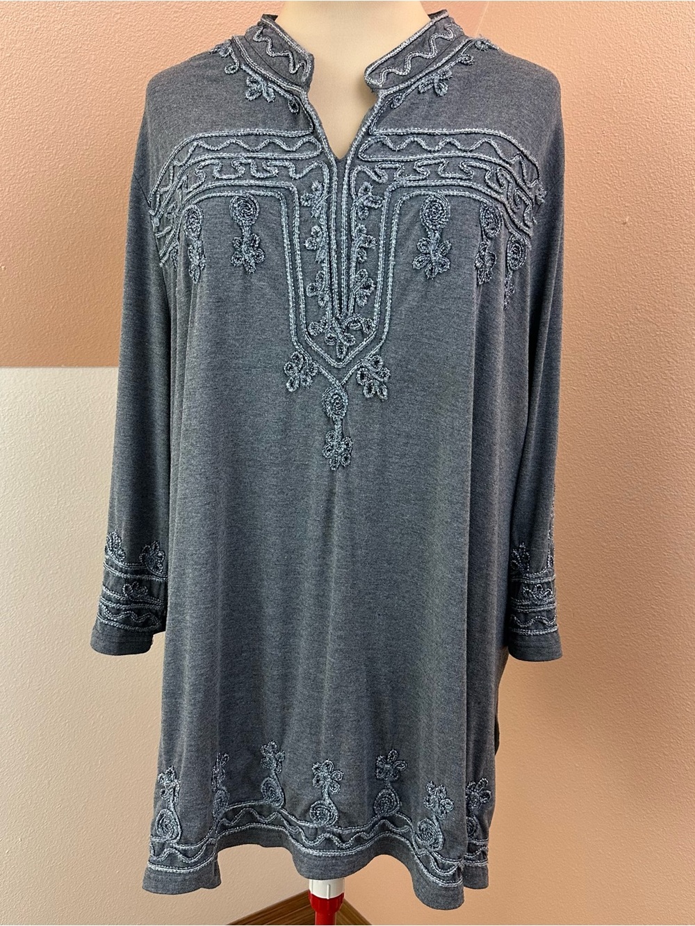 Catherines Embroidered Knit Tunic Womens Plus Size 4X Gray Top 3/4 Sleeve